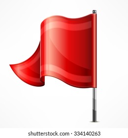 Red flag on metallic pole isolated on white, vector illustration