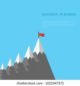 Red flag on the mountain peak. Business success concept, goal achievement, success, winning. Flat style, vector illustration.