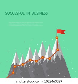 Red flag on the mountain peak. Business success concept, goal achievement, success, winning. Flat style, vector illustration.