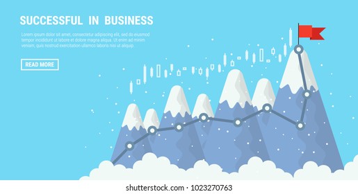 Red flag on the mountain peak. Business success concept, goal achievement, success, winning. Flat style, vector illustration.