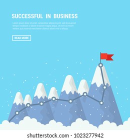 Red flag on the mountain peak. Business success concept, goal achievement, success, winning. Flat style, vector illustration.