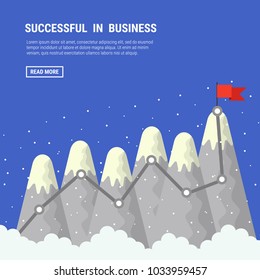 Red flag on the mountain peak. Business success concept, goal achievement, success, winning. Flat style, vector illustration.