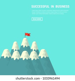 Red flag on the mountain peak. Business success concept, goal achievement, success, winning. Flat style, vector illustration.