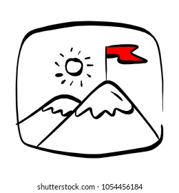 Red flag on a mountain peak in rectangular vector illustration sketch hand drawn with black lines isolated on white background