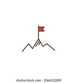 Red flag on a mountain peak. success, high results symbol. Landscape with  mountains and clouds.  Victory, leadership concept. Flat line vector icon isolated on white