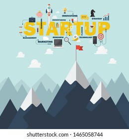 Red flag on a Mountain peak startup success concept. Vector illustration