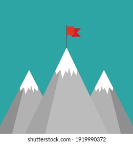 Red flag on a mountain peak. success, high results symbol. Landscape with  mountains and clouds.  Victory, leadership concept. Flat vector illustration in cartoon style.