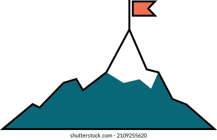 Red flag on mountain peak. Destination symbol. Goal sign