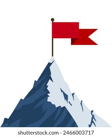 Red flag on mountain peak. Successfull mission icon business concept. Symbol of victory, winning. Vector illustration in flat style