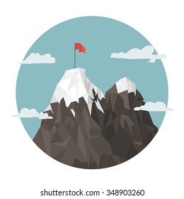 Red Flag on a Mountain peak, success and mission, target and victory,  motivation, winner on top. Flat style
