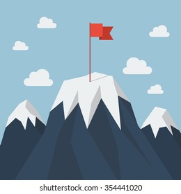 Red flag on a Mountain peak. Business success concept