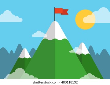 Red flag on a mountain peak. Business success concept. Flat vector illustration.