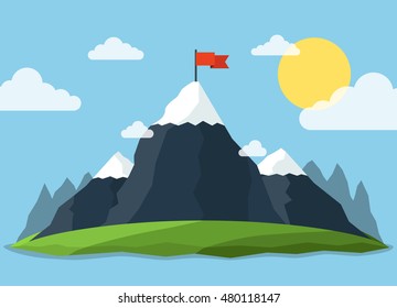 Red flag on a mountain peak. Business success concept. Flat vector illustration.