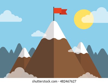 Red flag on a mountain peak. Business success concept. Flat vector illustration.