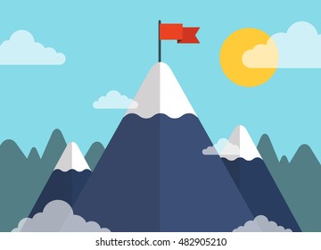 Red flag on a mountain peak. Business success concept. Flat vector illustration.
