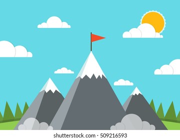 Red flag on a mountain peak. Business success concept. Flat vector illustration.