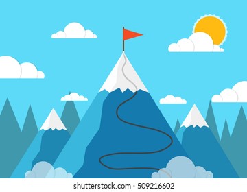 Red flag on a mountain peak. Business success concept. Flat vector illustration.