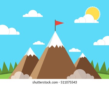 Red flag on a mountain peak. Business success concept. Flat vector illustration.