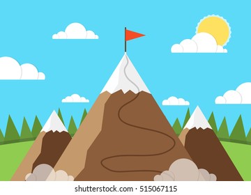 Red flag on a mountain peak. Business success concept. Flat vector illustration.