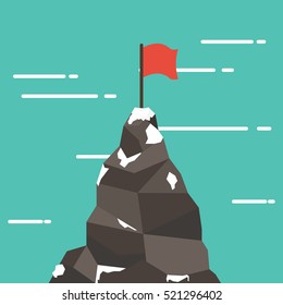 Red flag on a mountain peak. success and mission. Flat style.