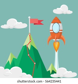 Red flag on the mountain peak with rocket - vector illustration