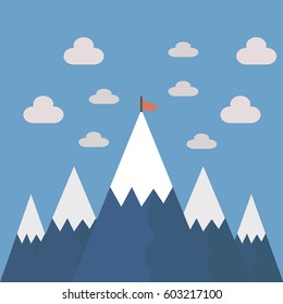 Red flag on a mountain peak. Business success concept. Flat vector illustration.