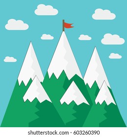 Red flag on a mountain peak. Business success concept. Flat vector illustration.