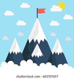 Red flag on a mountain peak. Business success concept. Flat vector illustration.