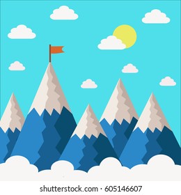 Red flag on a mountain peak. Business success concept. Flat vector illustration.