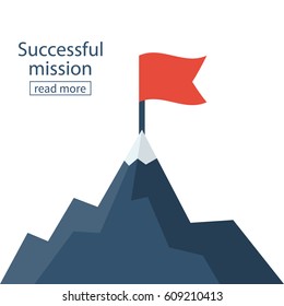 Red flag on mountain peak. Successfull mission icon business concept. Vector illustration flat. Isolated on background. Goal achievement. Symbol of victory, winning. 