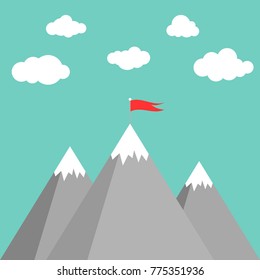 Red flag on a mountain peak. success, high results symbol. Landscape with  mountains and clouds.  Victory, leadership concept. Flat vector illustration in cartoon style.