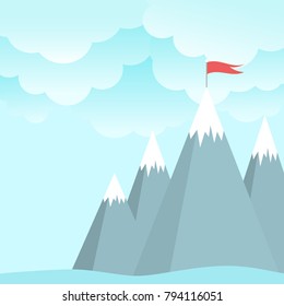 Red flag on a mountain peak. success, high results symbol. Landscape with  mountains and clouds.  Victory, leadership concept. Flat vector illustration in cartoon style. EPS 10