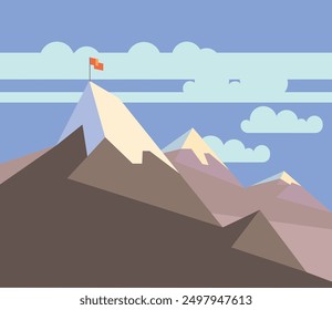 Red flag on mountain. Success concept. Peak top achievement