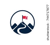 Red flag on mountain top, simple vector logo. Path to achieving goals, success concept. Isolated icon symbol.