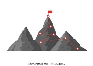 Red flag on the mountain top. Connected red markers go up on the peak. Symbol of business strategy and goals. Vector illustration isolated on white