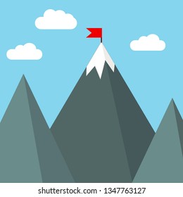 Red flag on mountain. Vector illustration.