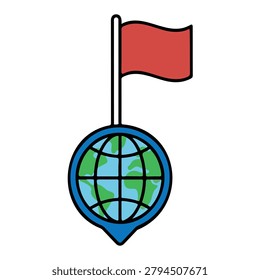 A red flag on top of a blue and green globe icon, symbolizing global connection and communication.