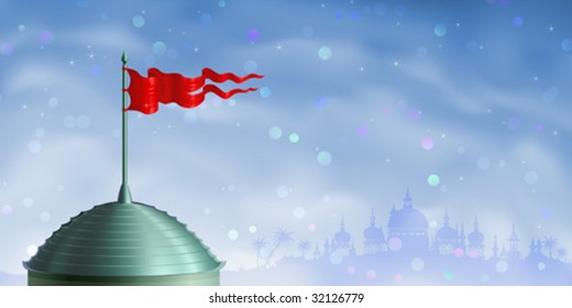 Red flag on the top of the brass tower roof (vector image)