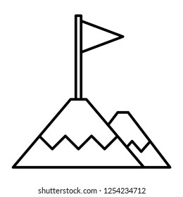 Red flag on top of mountain vector illustration, line design icon