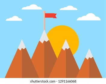 red flag on top of Mountain. Leadership concept.