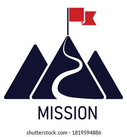 Logo de la bandera roja en la cima de la montaña. Concepto de misión de conclusión. ilustración vectorial en diseño moderno de estilo plano. El camino al éxito.