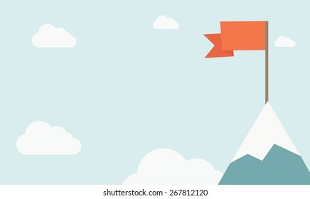 A red flag on the top of a mountain symbolizing of overcoming difficulties to achieve winning results. 