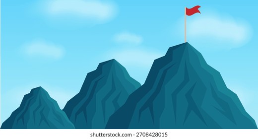 Red Flag on the Top of Mountain. Goal Achievement and Business Success Concept. 