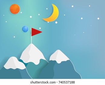 red flag on top of mountain paper art, business target concept vector illustration