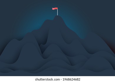 The red flag on the top of mountain.Mountain peak overcoming.Goal achievement and Business success concept.Paper art vector illustration.