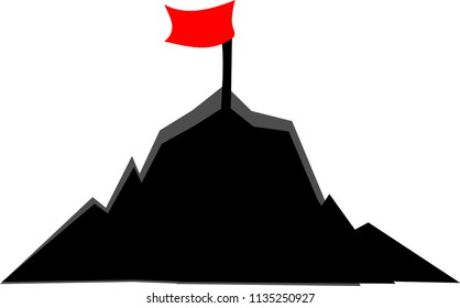 Red flag on the top, mountains, black icon, symbol of success Vector flat, black silhouette, aim, pin, isolate