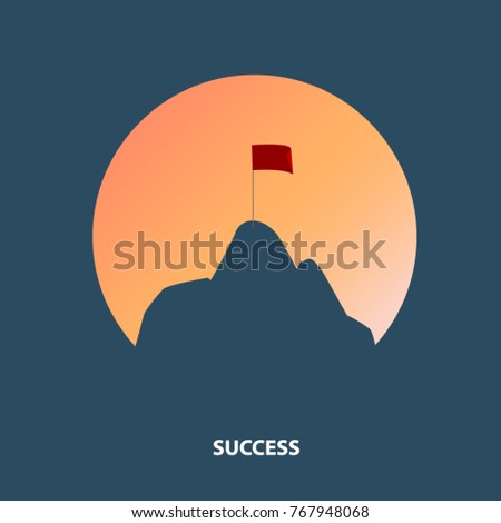 Red flag on top of mountains. Concept of success, winner, acknowledgement, ambition and challenge. Vector illustration.