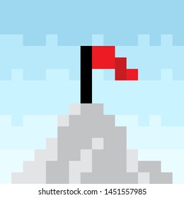 red flag on the top of the moutain top, pixelated 16x16, vector illustration 