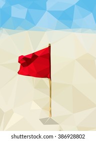 Red flag on the yellow sand against the blue sky and sea. Polygons. Baltic sea. Latvia