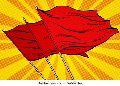 Red flag pop art background. retro vector illustration. rally demonstration